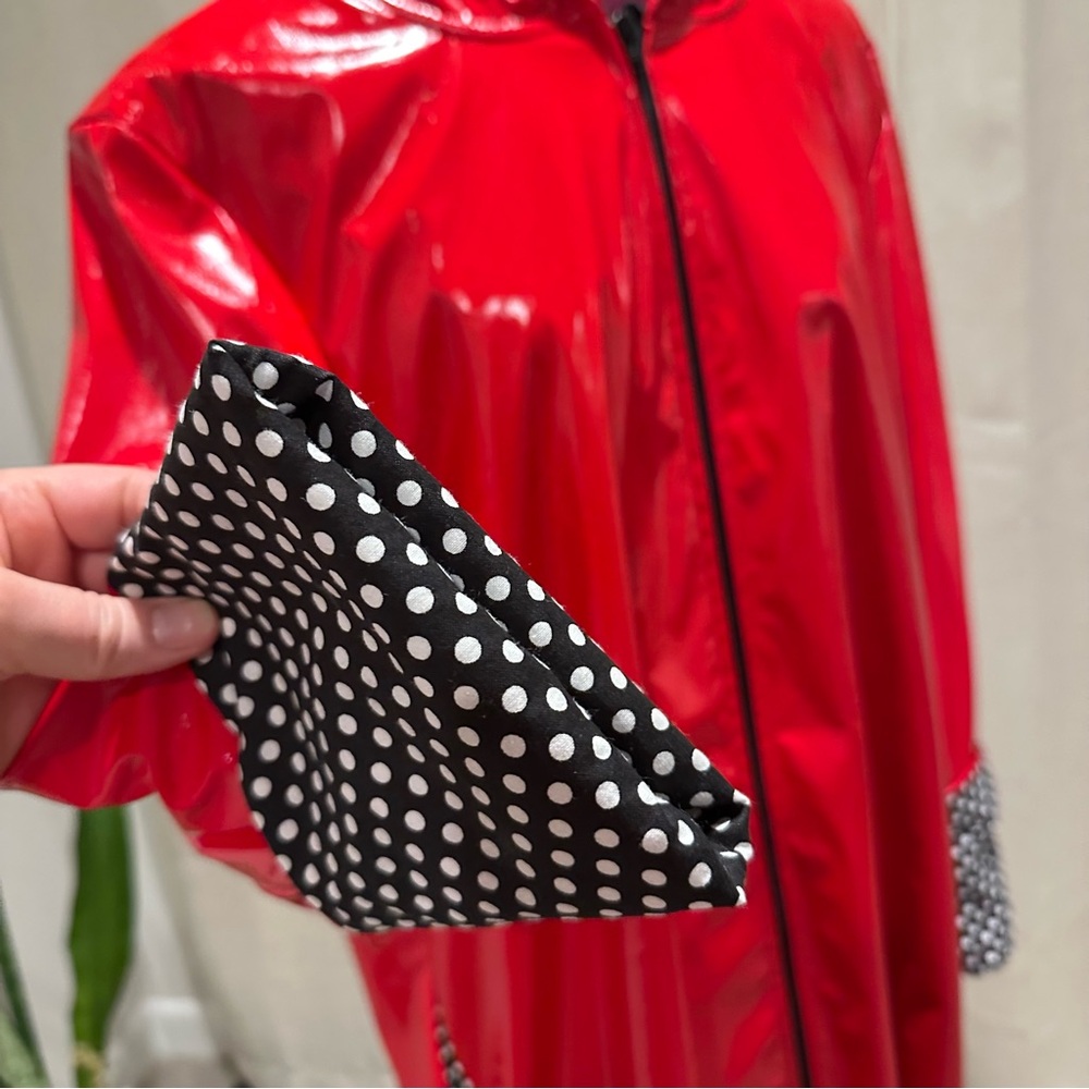 Vibrant Red Hooded Raincoat with Polka Dot Lining woman’s medium - Picture 4 of 10